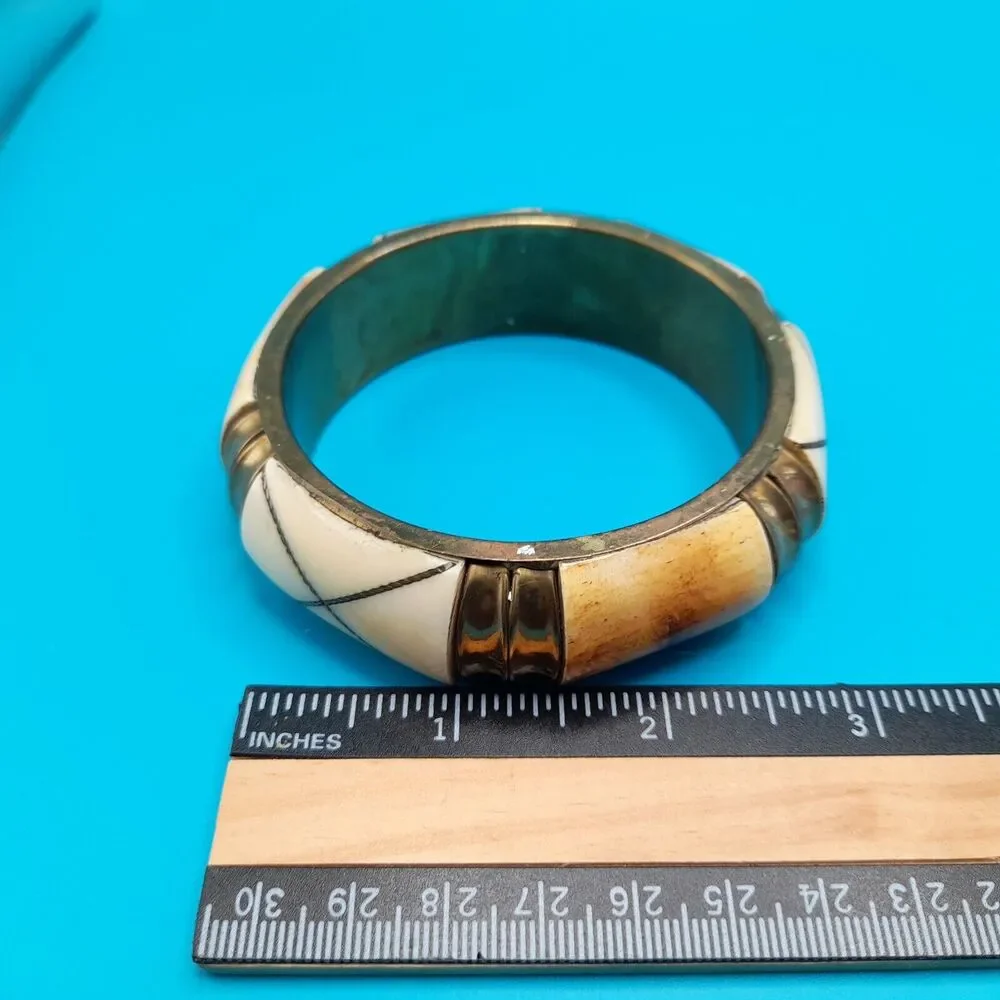 Vintage Brass Bone Inlay Wide Bangle Bracelet Cream Tribal Boho 8 Inch